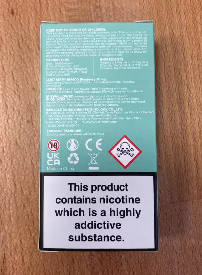 Genuine Lost Mary BM600 Packaging - Back