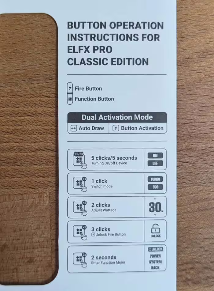 Elf Bar ELFX Pro Classic Edition Button Instructions