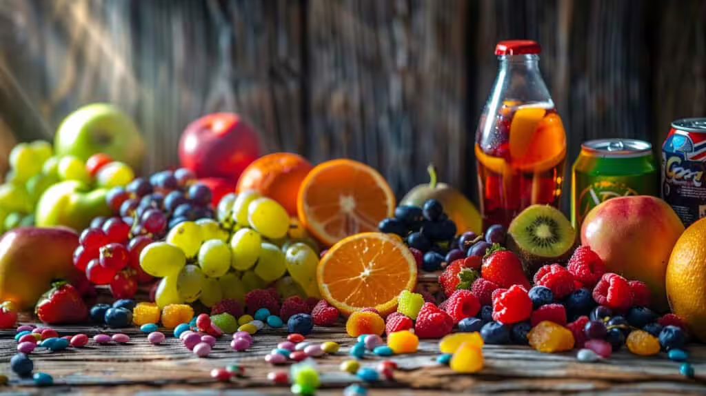 An array of fruits, sodas and candies