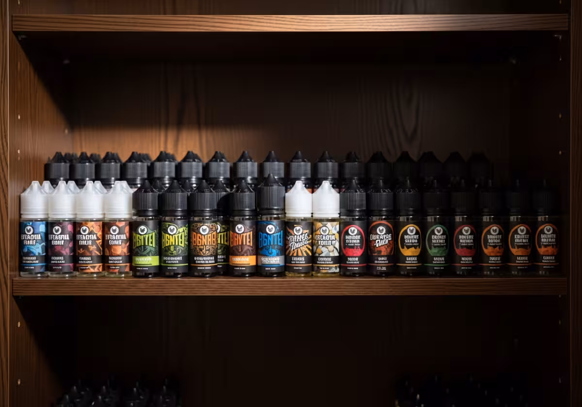 E-liquid bottles stored neatly in a dark wooden cupboard away from sunlight