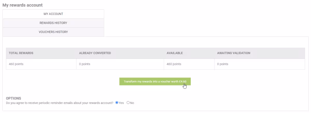 Transform rewards into voucher button